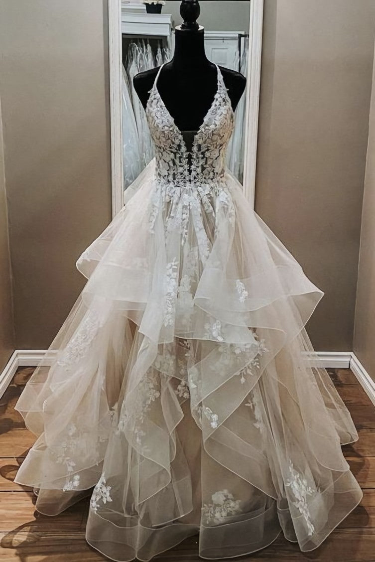 Wedding Dress Sleeve, Elegant A-line V Neck Backless Appliques Tulle Lace Wedding Dresses,Bridal Gown