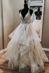 Wedding Dresses Under, Elegant A-line V Neck Backless Appliques Tulle Lace Wedding Dresses,Bridal Gown