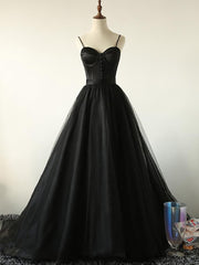 Slip Dress Outfit, Elegant Black Straps Tulle Sweetheart Prom Dress, Black Party Dress