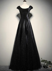 Party Dress Styling Ideas, Elegant Black Velvet Cap Sleeves Evening Dress, Black Prom Dress