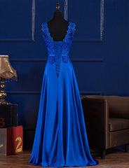 Cute Dress Outfit, Elegant Blue Satin A-line Long Prom Dress , Bridesmaid Dress for Sale