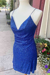 Ethereal Dress, Elegant Blue Sequined Short Homecoming Dress,Sexy Maxi Cocktail Dresses