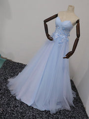 Prom Dress Boutiques, Elegant Blue Tulle Sweetheart Party Dress Formal Dress, Blue Lace Applique Prom Dress 2022