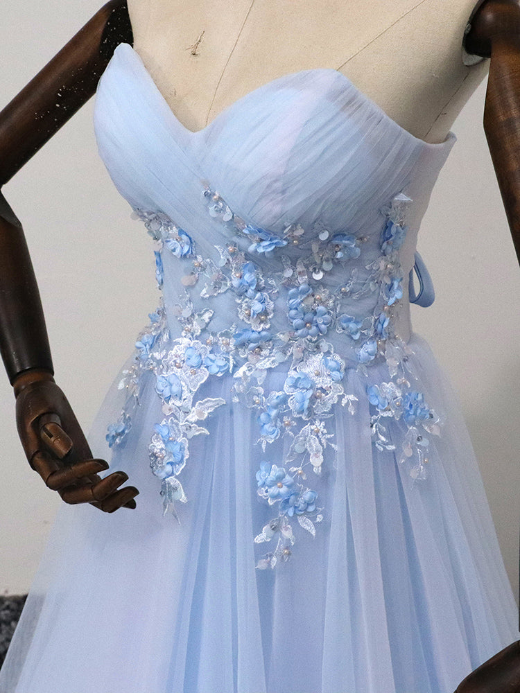 Prom Dress Boutique, Elegant Blue Tulle Sweetheart Party Dress Formal Dress, Blue Lace Applique Prom Dress 2022