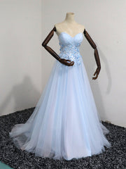 Prom Dresses Boutique, Elegant Blue Tulle Sweetheart Party Dress Formal Dress, Blue Lace Applique Prom Dress 2022