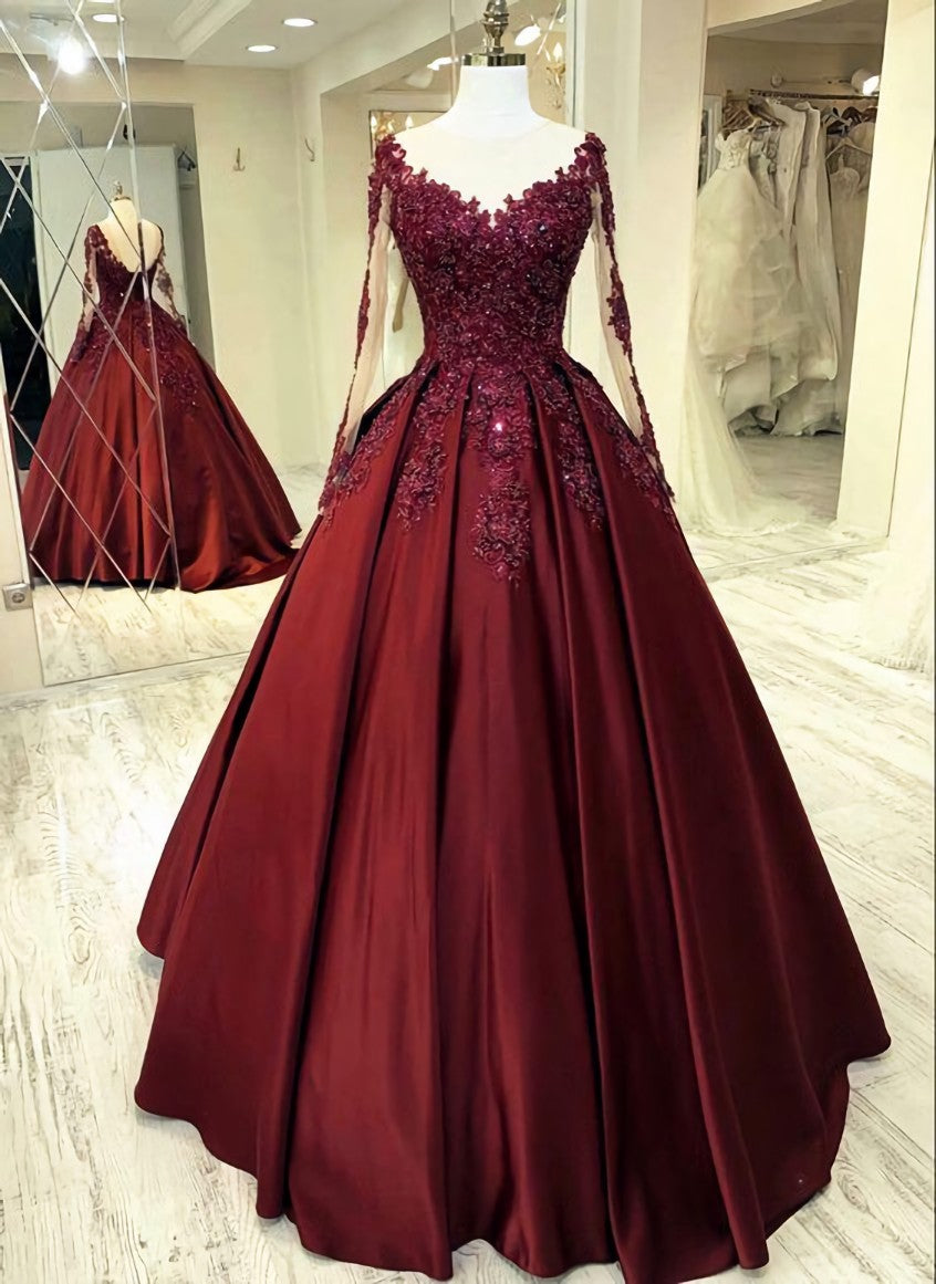 Wedding Dress Fits, Elegant burgundy wedding dress lace long sleeves ball gown sheer neckline for women prom dress