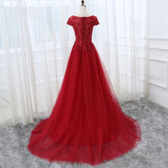 Evening Dress Lace, Elegant Cap Sleeve Lace Applique Tulle Party Dress, Prom Gowns
