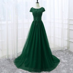 Evening Dresses Open Back, Elegant Cap Sleeve Lace Applique Tulle Party Dress, Prom Gowns