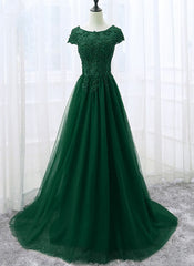 Evening Dresses Mermaid, Elegant Cap Sleeve Lace Applique Tulle Party Dress, Prom Gowns