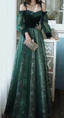 Party Dress For Christmas, elegant dark green lace gown Prom Dress