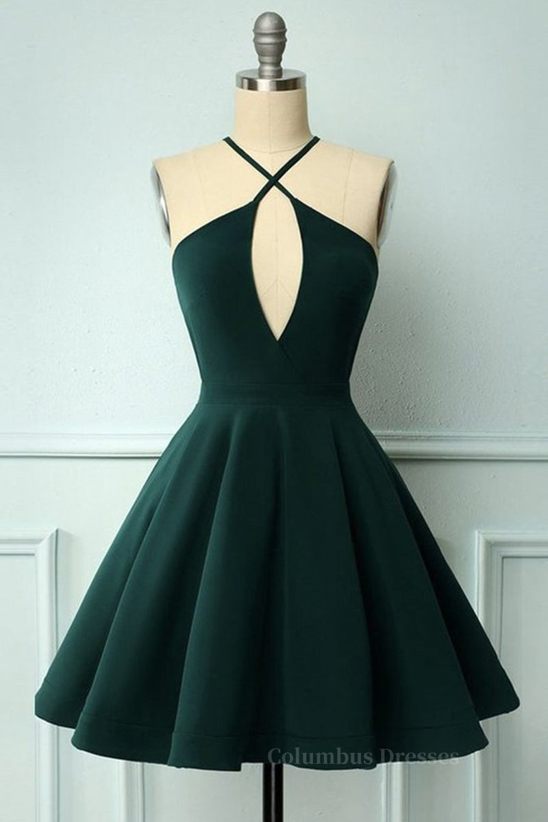 Prom Dress Glitter, Elegant Halter Neck Dark Green Short Prom Dress, Dark Green Formal Graduation Homecoming Dress