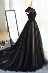 Party Dress Australia, Elegant High Neck Swee Train Rhinestone Prom Dress, Black Formal Dress