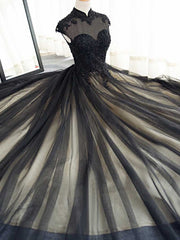 Party Dress Australian, Elegant High Neck Swee Train Rhinestone Prom Dress, Black Formal Dress