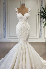 Wedding Dresses 2026, Elegant Ivory Long Mermaid Sweetheart Ruffles Lace Wedding Dresses