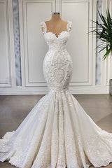 Wedding Dress 2026, Elegant Ivory Long Mermaid Sweetheart Ruffles Lace Wedding Dresses