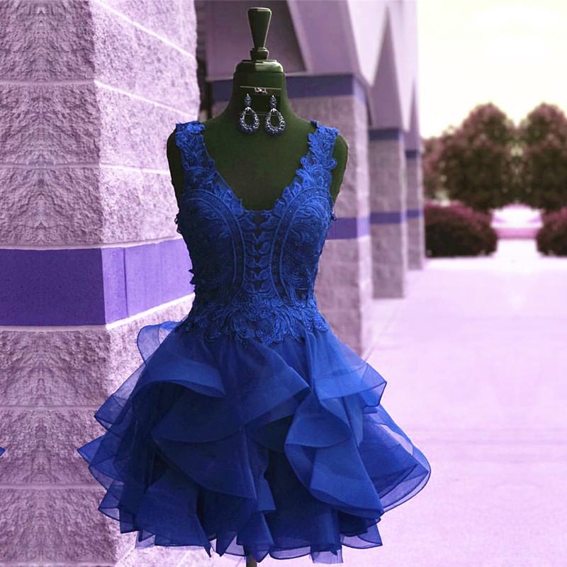 Prom Dresses On Sale, Elegant Lace Appliques Organza Ruffles Homecoming Dresses Short