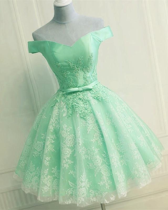 Prom Dress 2019, Elegant Lace Appliques Satin Off The Shoulder Homecoming Dress Short