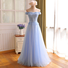 Bodycon Dress, Elegant Light Blue Lace Applique Top Long Party Dress, Off Shoulder Bridesmaid Dress