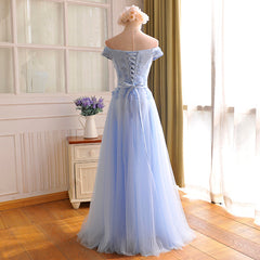 Sun Dress, Elegant Light Blue Lace Applique Top Long Party Dress, Off Shoulder Bridesmaid Dress