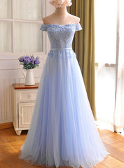 Backless Dress, Elegant Light Blue Lace Applique Top Long Party Dress, Off Shoulder Bridesmaid Dress
