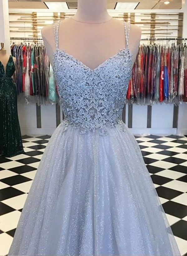 Homecomming Dress With Sleeves, Elegant Light Blue Tulle V-neck Spaghetti Straps Lace Long Prom Dresses