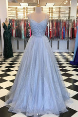 Homecoming Dress Bodycon, Elegant Light Blue Tulle V-neck Spaghetti Straps Lace Long Prom Dresses