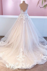 Wedding Dress V Neck, Elegant Long A-Line Appliques Lace Tulle Sweetheart Backless Wedding Dress