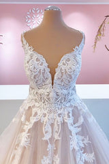 Wedding Dresses V Neck, Elegant Long A-Line Appliques Lace Tulle Sweetheart Backless Wedding Dress
