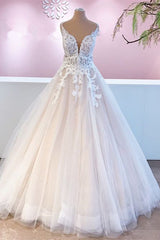 Wedding Dress Inspired, Elegant Long A-Line Appliques Lace Tulle Sweetheart Backless Wedding Dress