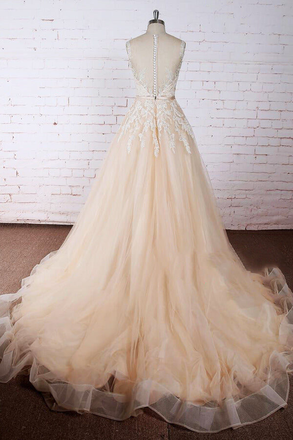 Wedding Dress 2024, Elegant Long A-line Appliques Lace Tulle Wedding Dress