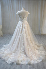 Wedding Dress Top, Elegant Long A-Line Bateau Backless Appliques Lace Tulle Wedding Dress