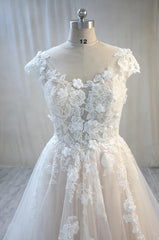 Wedding Dress Outlet Near Me, Elegant Long A-Line Bateau Backless Appliques Lace Tulle Wedding Dress