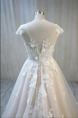 Wedding Dress Mermaide, Elegant Long A-Line Bateau Backless Appliques Lace Tulle Wedding Dress