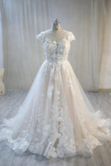 Wedding Dress Tops, Elegant Long A-Line Bateau Backless Appliques Lace Tulle Wedding Dress