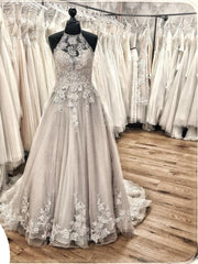 Wedding Dress Winter, Elegant Long A-line Halter Backless Appliques Lace Tulle Ruffles Train Wedding Dress