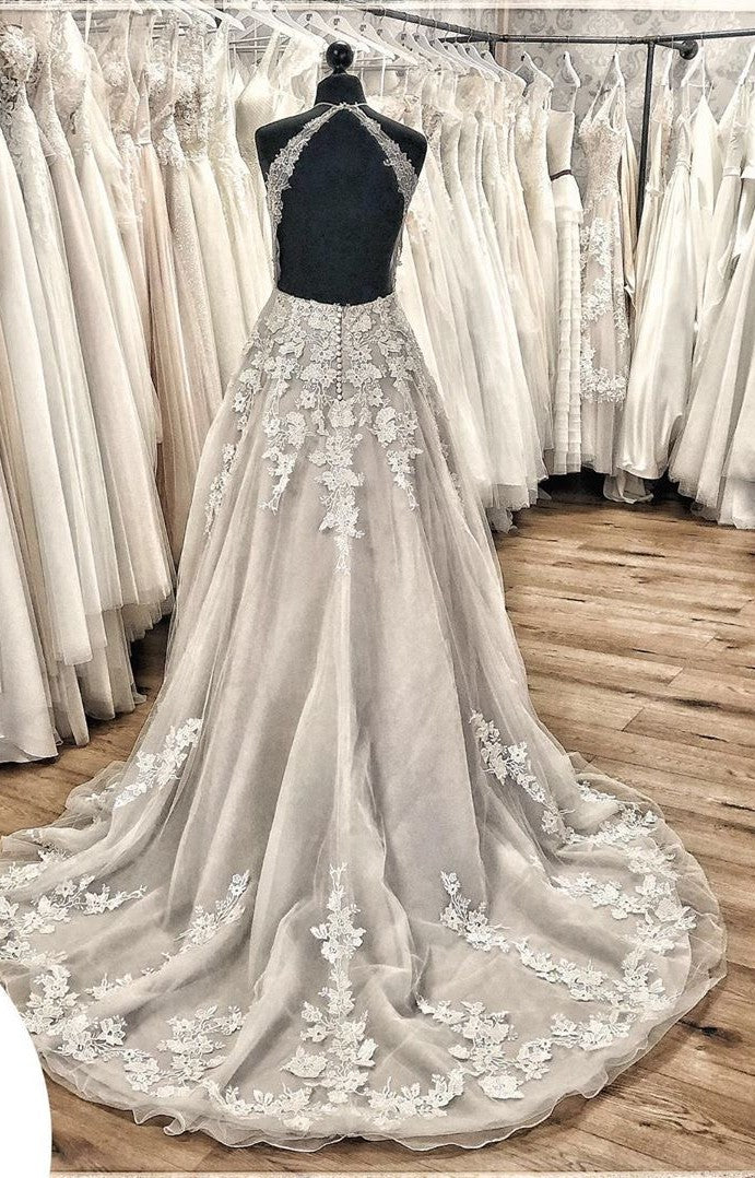 Wedding Dresses Winter, Elegant Long A-line Halter Backless Appliques Lace Tulle Ruffles Train Wedding Dress