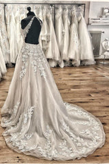 Wedding Dress Places Near Me, Elegant Long A-line Halter Backless Appliques Lace Tulle Ruffles Train Wedding Dress