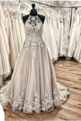 Wedding Dressed Under 1003, Elegant Long A-line Halter Backless Appliques Lace Tulle Ruffles Train Wedding Dress