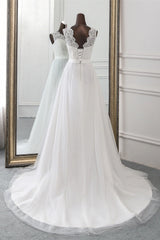 Wedding Dresse Boho, Elegant Long A-line Jewel Tulle Appliques Lace Wedding Dress