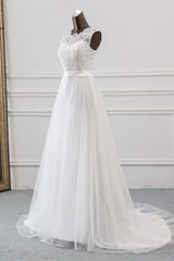 Weddings Dresses Beach, Elegant Long A-line Jewel Tulle Appliques Lace Wedding Dress