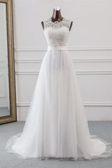 Wedding Dressed Boho, Elegant Long A-line Jewel Tulle Appliques Lace Wedding Dress