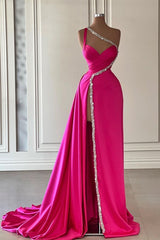 Evening Dresses Ball Gown, Elegant Long A-line One Shoulder Sweetheart Sleeveless Satin Prom Dress With Slit