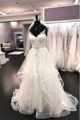 Wedding Dress Sleeve, Elegant Long A Line Tulle Lace V Neck Spaghetti Straps Wedding Dress