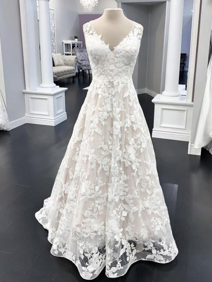 Wedding Dresses 2024, Elegant Long A Line V Neck Floral Lace Wedding Dresses