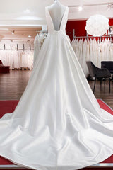 Wedding Dresse Vintage, Elegant Long A-line V Neck Satin Ruffles Open Back Wedding Dresses
