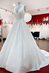 Wedding Dresses Vintag, Elegant Long A-line V Neck Satin Ruffles Open Back Wedding Dresses