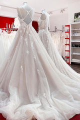 Wedding Dresses Designs, Elegant Long A-line V Neck Sleeveless Ruffles Backless Wedding Dress