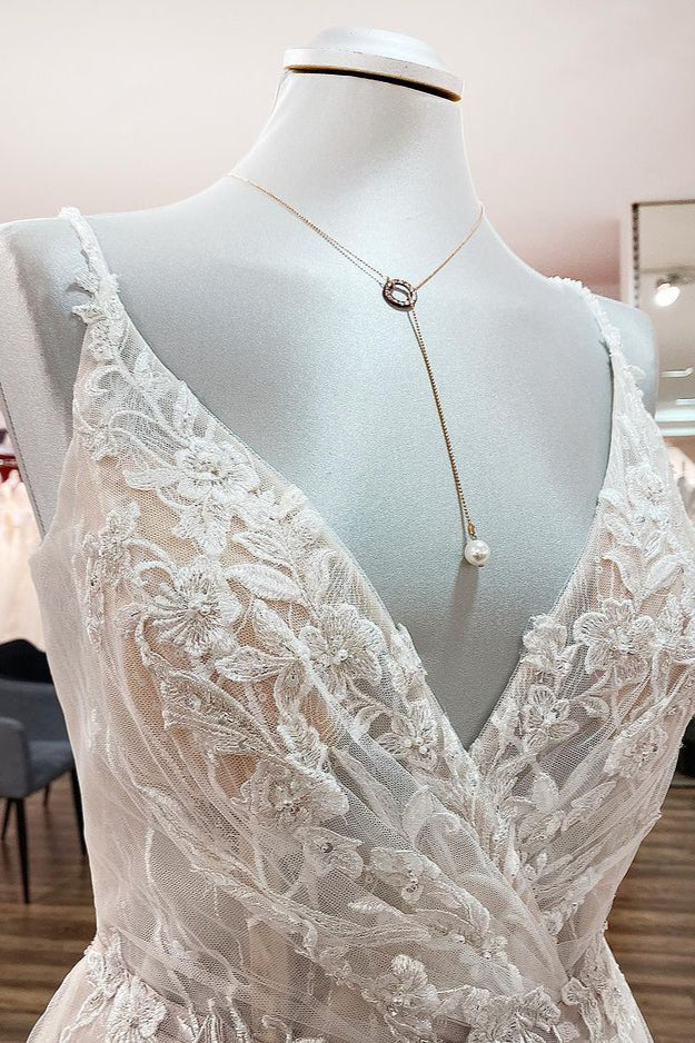 Wedding Dresses Design, Elegant Long A-line V Neck Sleeveless Ruffles Backless Wedding Dress