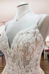 Wedding Dresses Designer, Elegant Long A-line V Neck Sleeveless Ruffles Backless Wedding Dress