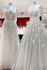 Wedding Dress For Bridesmaid, Elegant Long A-line V Neck Sleeveless Ruffles Backless Wedding Dress